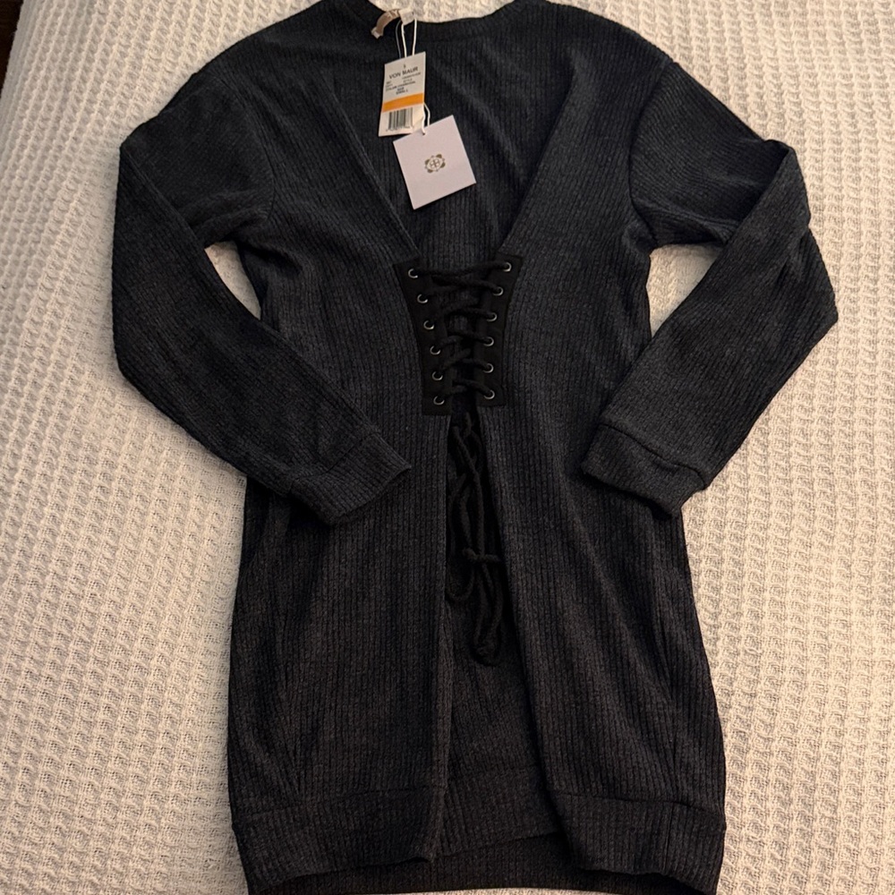 Wayf Black Ribbed V-Neck Lace-Up Sweater Dress
